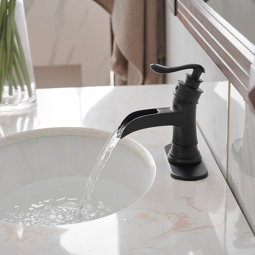 Robinet de salle de bain à un trou et à poignée unique en cascade avec ensemble de vidange en noir mat