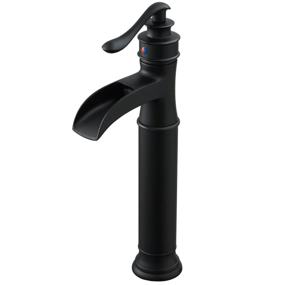 Robinet de salle de bain à poignée unique et trou unique en cascade avec ensemble de vidange en noir mat