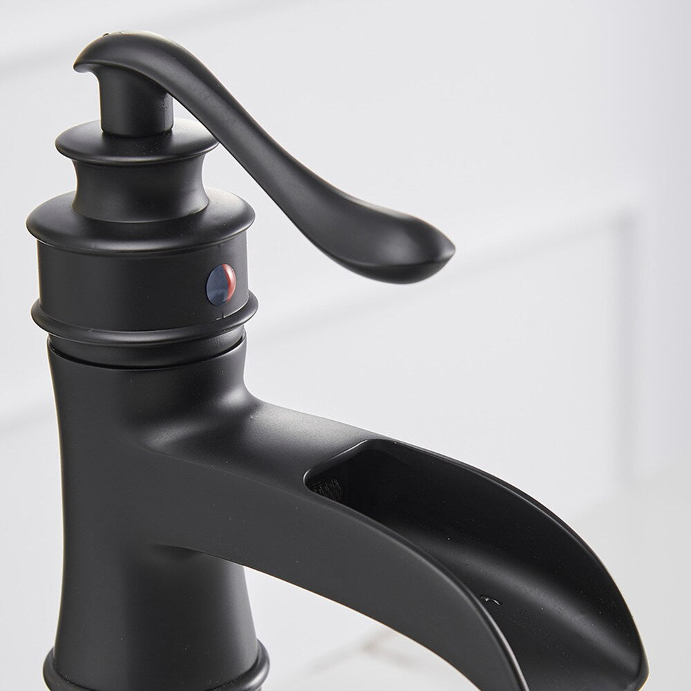 Robinet de salle de bain à poignée unique et trou unique en cascade avec ensemble de vidange en noir mat