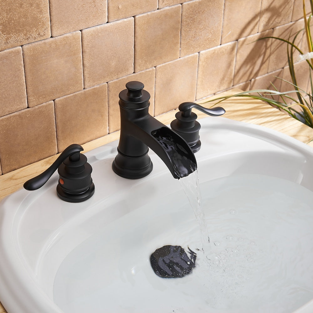 Robinet de salle de bain à 2 poignées et cascade de 8 pouces avec ensemble de vidange en noir mat