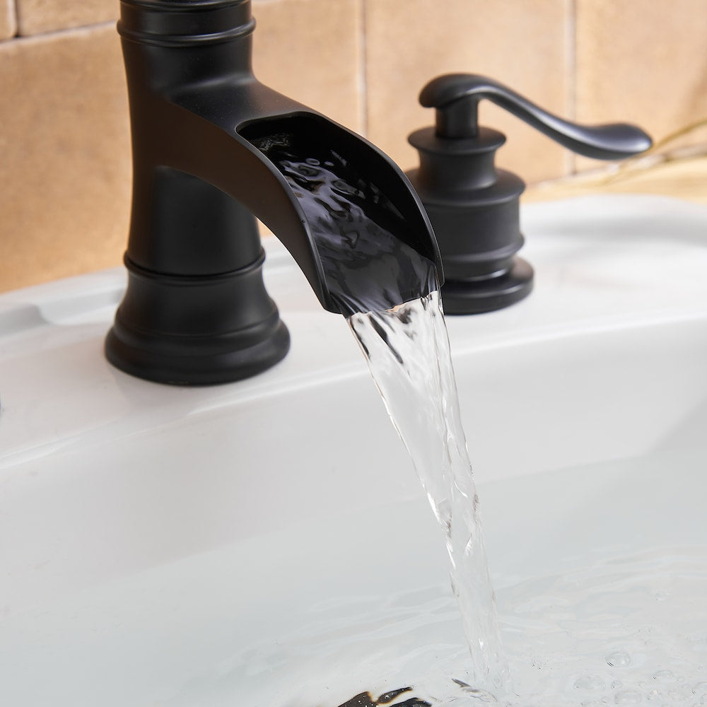 Robinet de salle de bain à 2 poignées et cascade de 8 pouces avec ensemble de vidange en noir mat