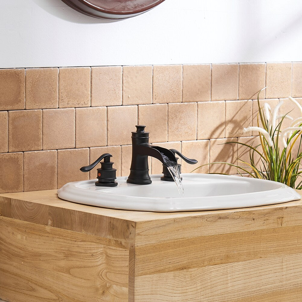 Robinet de salle de bain à 2 poignées et cascade de 8 pouces avec ensemble de vidange en noir mat