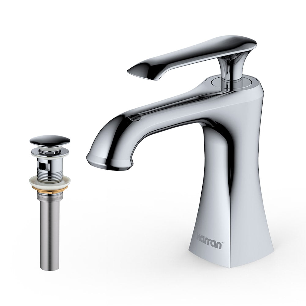 Robinet de salle de bain à poignée unique à trou unique Woodburn avec bonde escamotable assortie en chrome