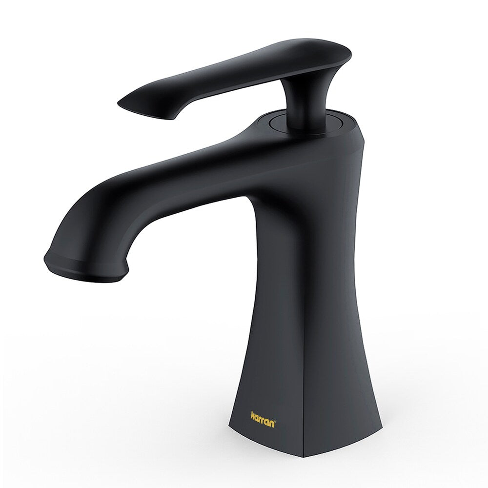 Robinet de salle de bain à poignée unique à trou unique Woodburn avec bonde escamotable assortie en noir mat