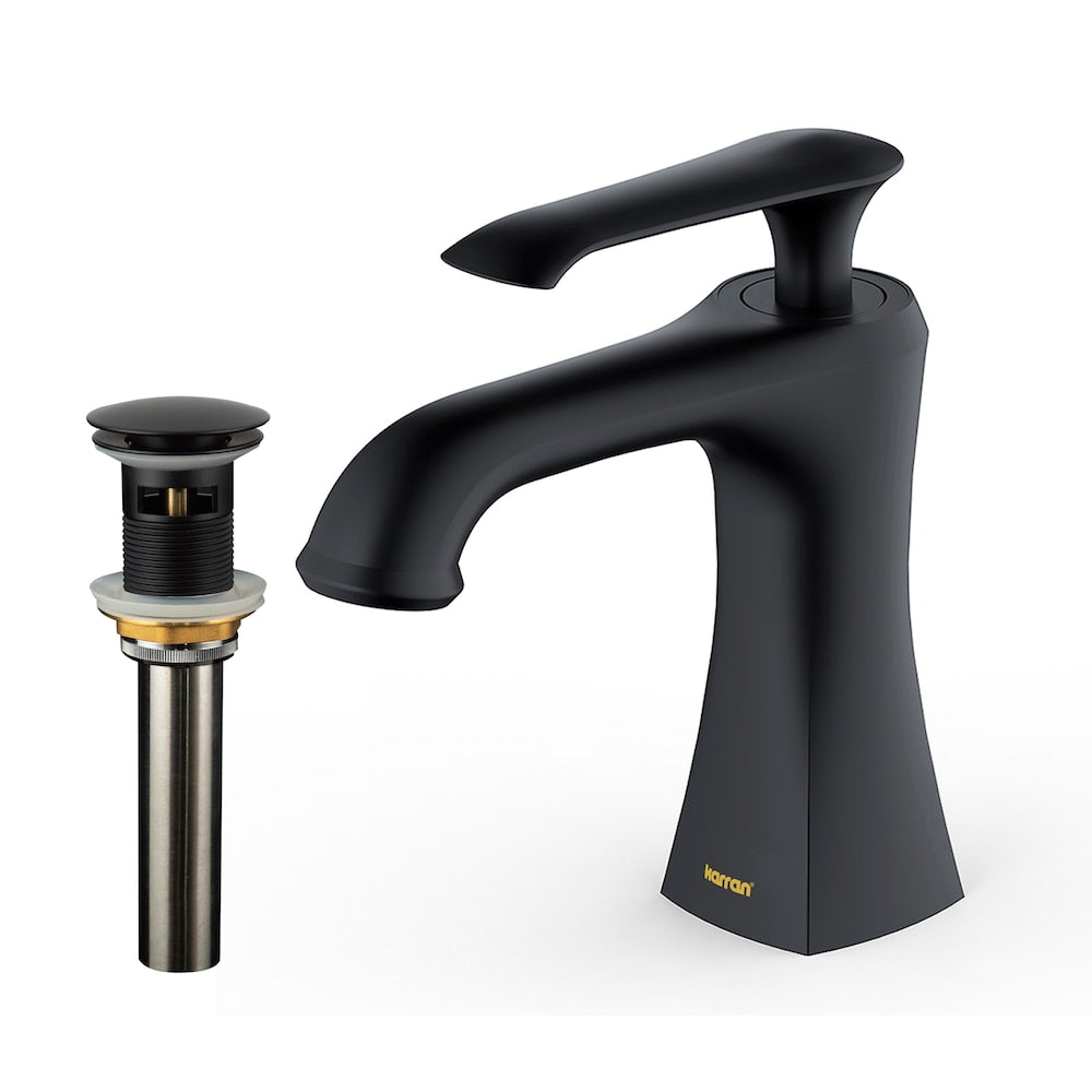 Robinet de salle de bain à poignée unique à trou unique Woodburn avec bonde escamotable assortie en noir mat