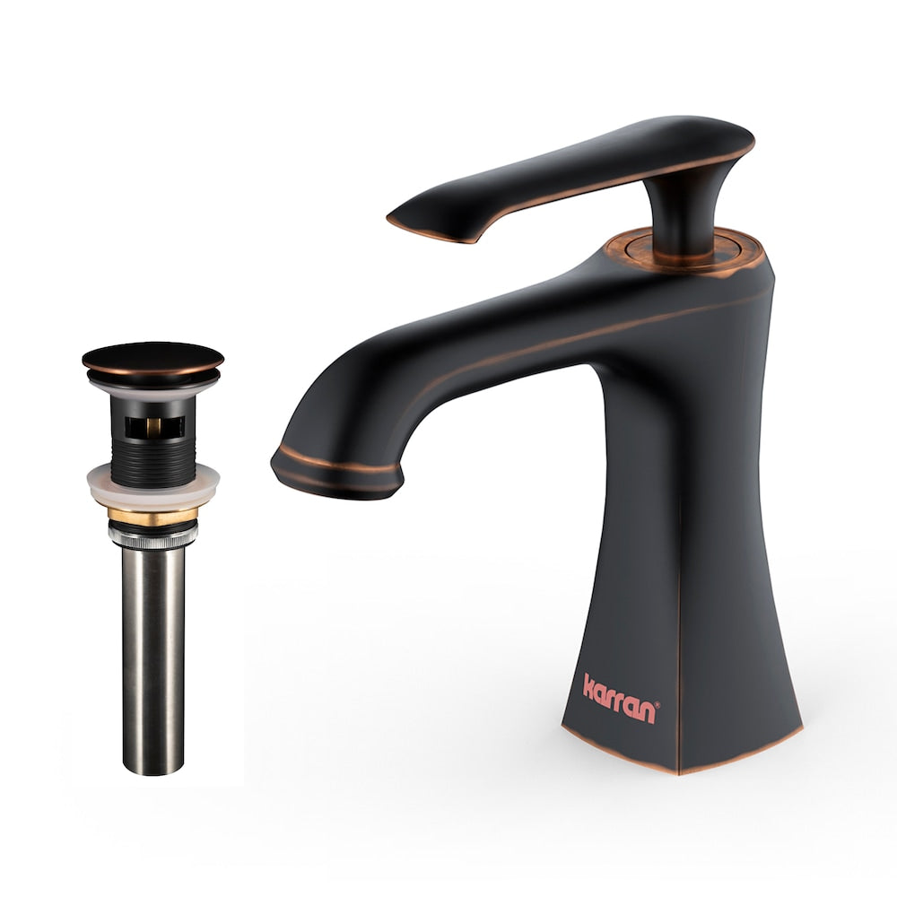 Robinet de salle de bain à poignée unique à trou unique Woodburn avec bonde escamotable assortie en bronze huilé