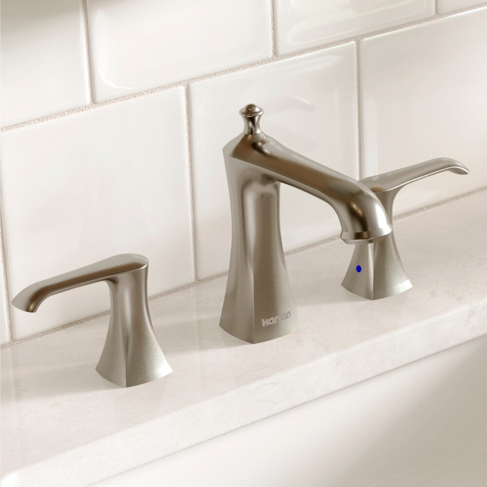 Robinet de salle de bain à 3 trous et 2 leviers à large entraxe Woodburn avec bonde escamotable assortie en acier inoxydable