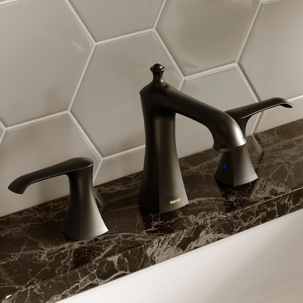 Robinet de salle de bain à 3 trous et 2 poignées à large entraxe Woodburn avec bonde escamotable assortie en noir mat