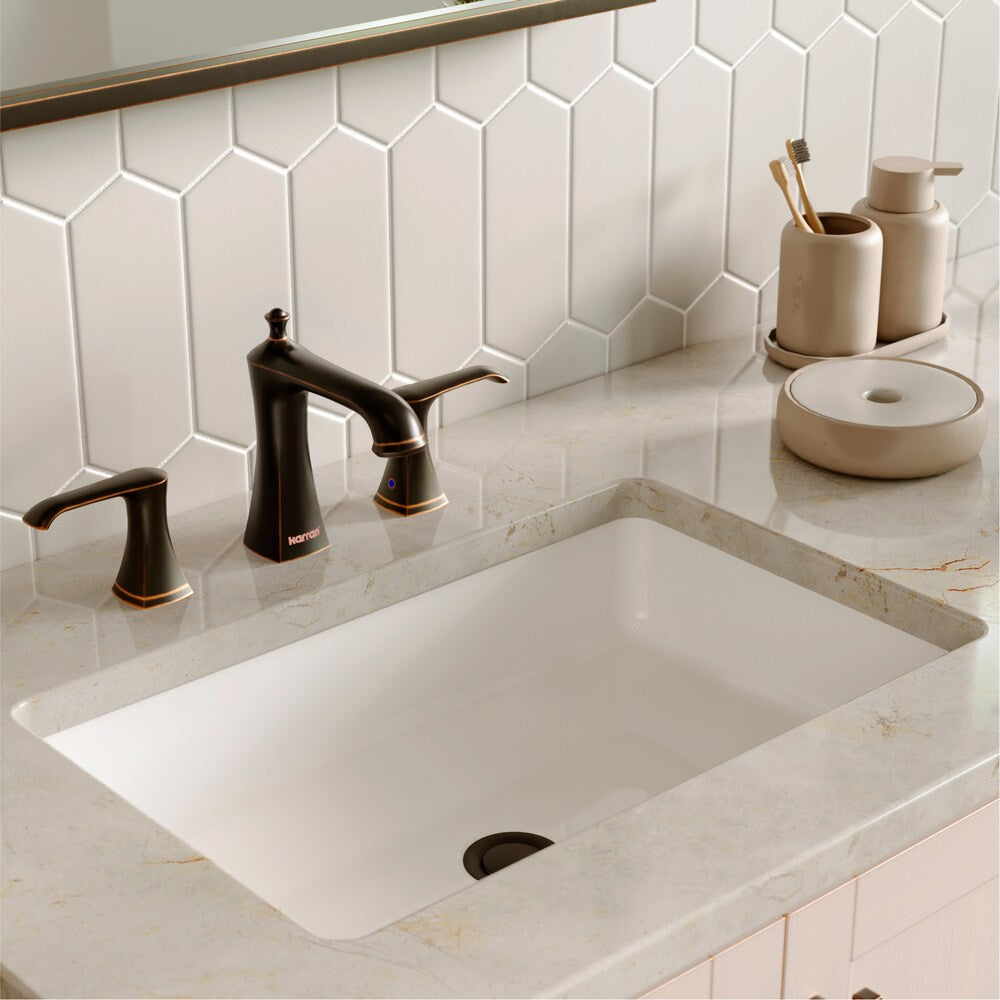Woodburn Widespread Three-Hole 2-lever Bathroom Faucet-Matching Pop-Up Drain in Oil Rubbed Bronze