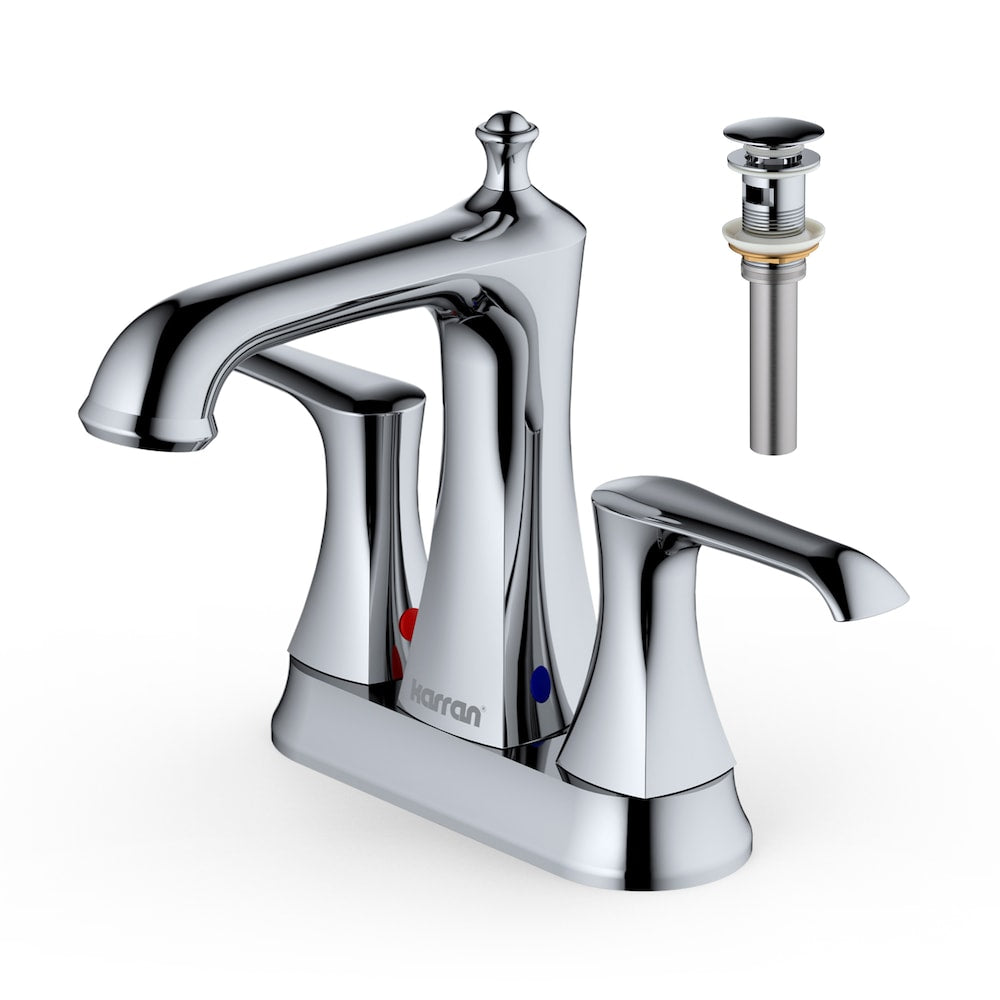 Robinet de salle de bain à deux trous et à deux poignées Woodburn avec bonde escamotable assortie en chrome