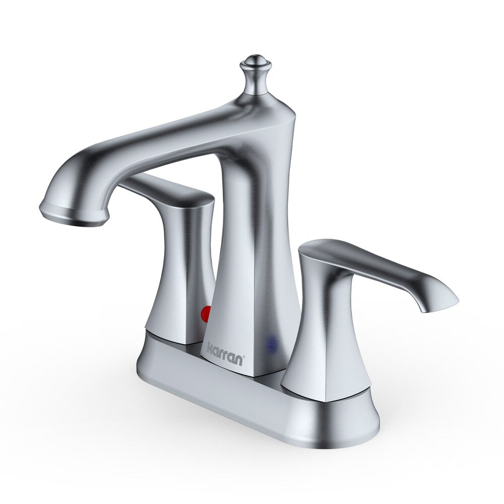 Robinet de salle de bain à deux trous et à deux poignées Woodburn avec bonde escamotable assortie en acier inoxydable
