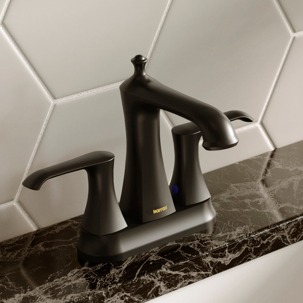 Robinet de salle de bain à deux poignées et deux trous Woodburn avec bonde escamotable assortie en noir mat