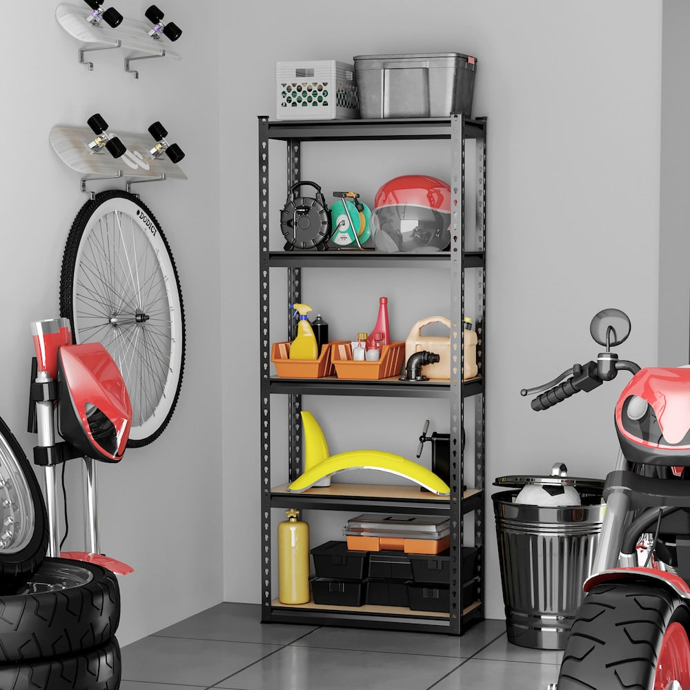 Étagère de rangement réglable à 5 niveaux en acier de 66 pouces de hauteur pour garage, noir et marron
