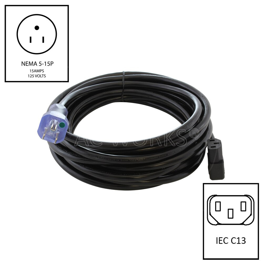 20FT 14/3 15A Medical Grade Power Cord with Right Angle IEC C13