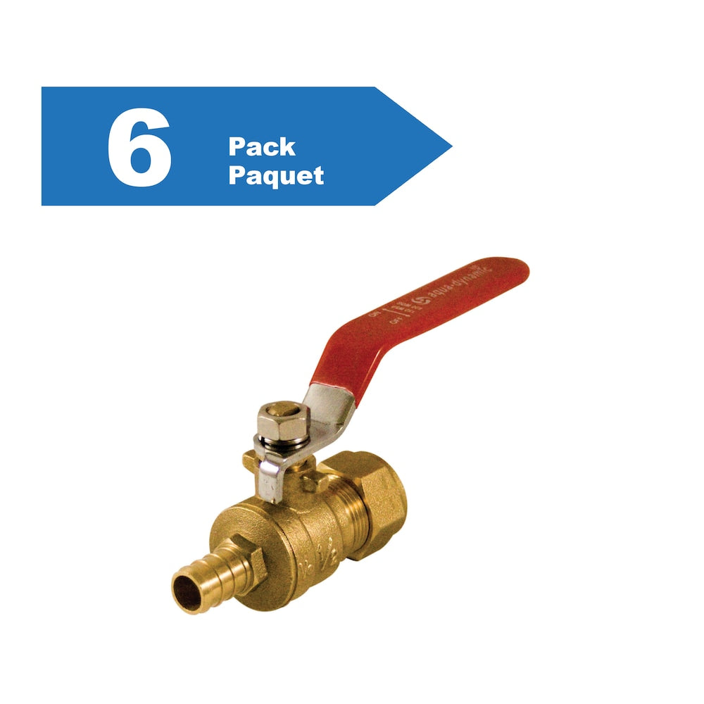 Robinet à bille en laiton à compression 1/2 pouce x PEX, paquet de 6