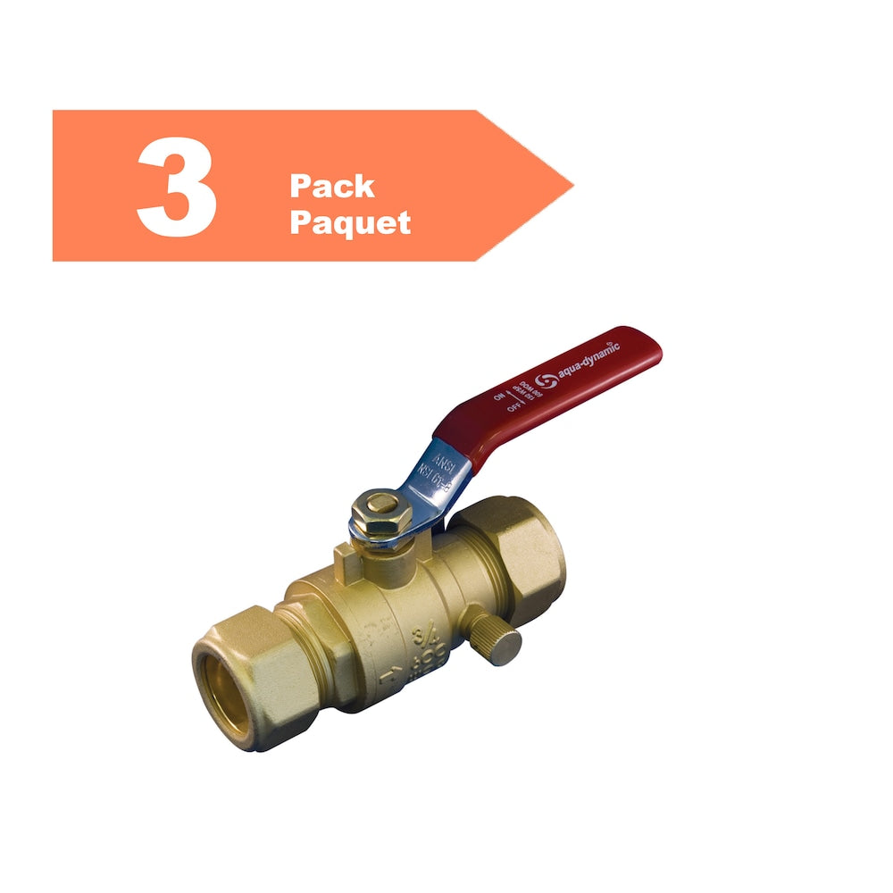 Compression de 1/2 pouce avec robinet à tournant sphérique à port complet en laiton de vidange, paquet de 3