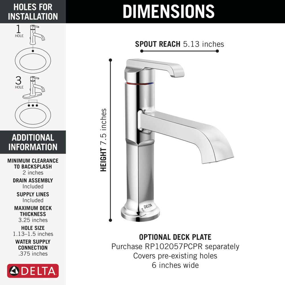 Robinet de salle de bain à un trou Tetra à 1 poignée avec ensemble de vidange en métal en chrome