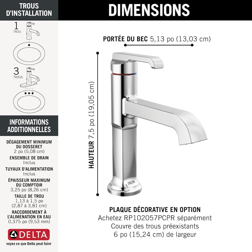 Robinet de salle de bain à un trou Tetra à 1 poignée avec ensemble de vidange en métal en chrome
