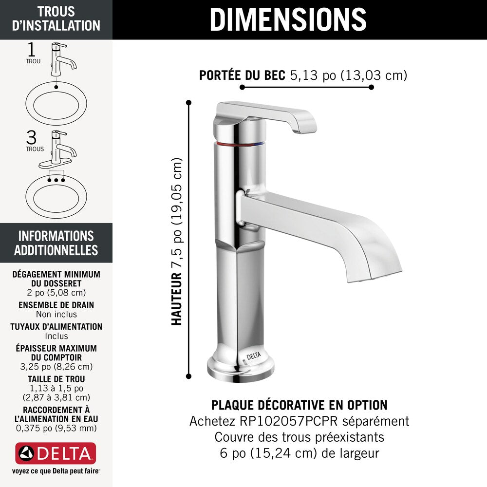 Robinet de salle de bain monotrou à 1 poignée Tetra en chrome