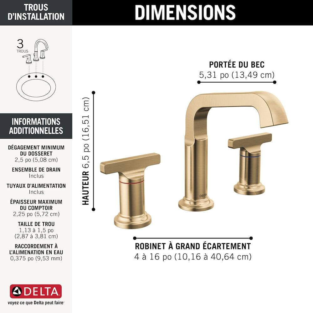 Tetra 4-16 in. Widespread 2-Handle Low Arc T Handle Bathroom Faucet with Metal Drain in Gold