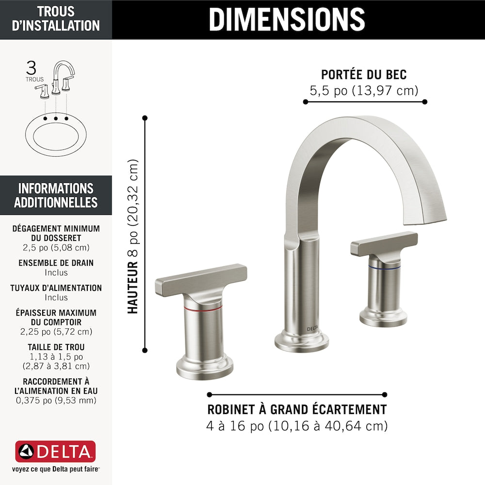 Robinet de salle de bain Tetra 4-16 po à 2 poignées et à arc élevé avec drain en métal en acier inoxydable