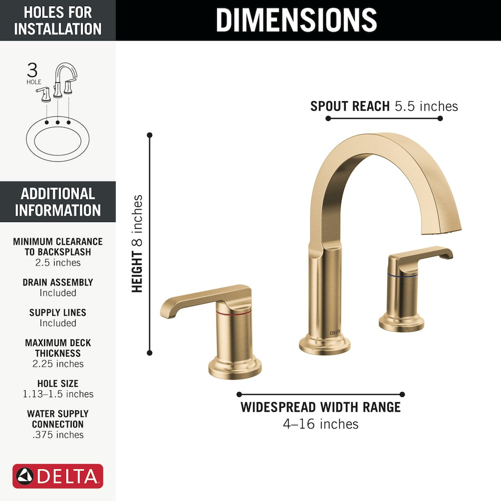 Robinet de salle de bain Tetra 4-16 po à 2 poignées et à levier à arc élevé avec drain en métal doré
