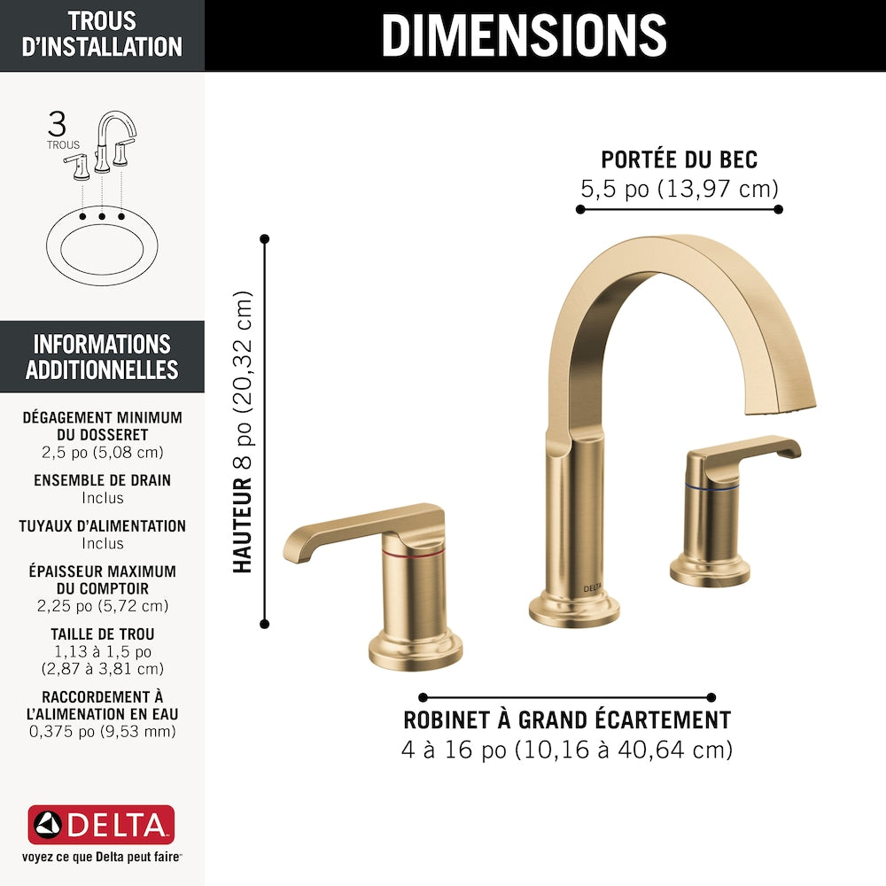 Robinet de salle de bain Tetra 4-16 po à 2 poignées et à levier à arc élevé avec drain en métal doré
