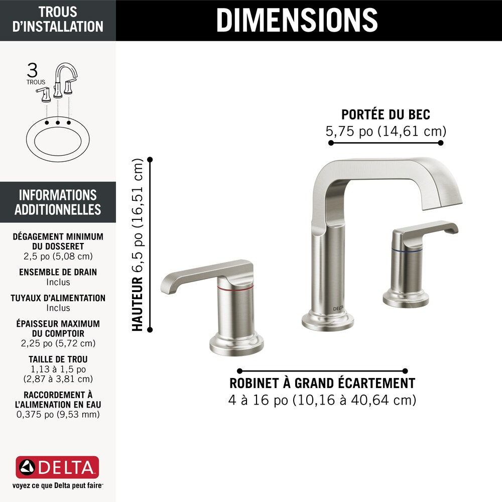 Robinet de salle de bain à levier à arc bas à 2 poignées et à large entraxe Tetra de 4 à 16 po avec drain en métal, en acier inoxydable