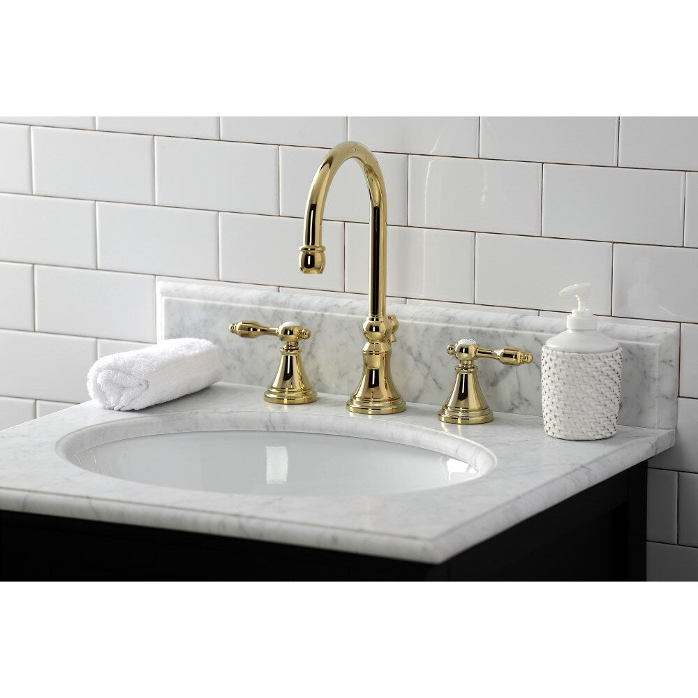Tudor 8 inch Widespread 2-Handle Bathroom Faucet in Polished Brass