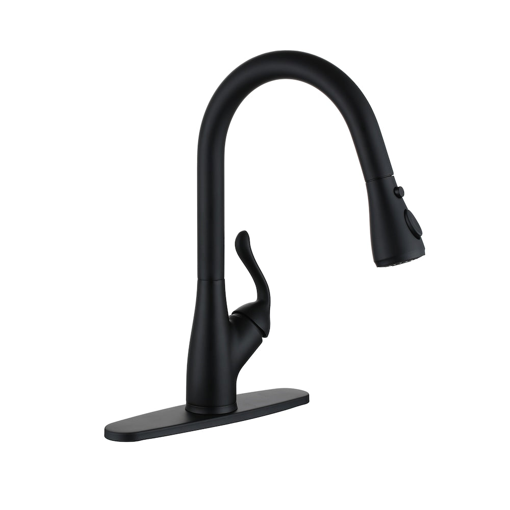 Robinet de cuisine à poignée unique avec 2 modes de sortie d'eau et plaque de pont inclus en noir mat