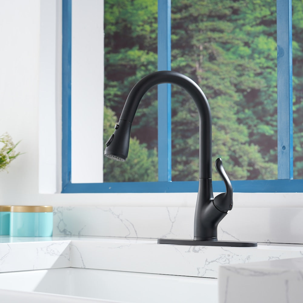 Robinet de cuisine à poignée unique avec 2 modes de sortie d'eau et plaque de pont inclus en noir mat