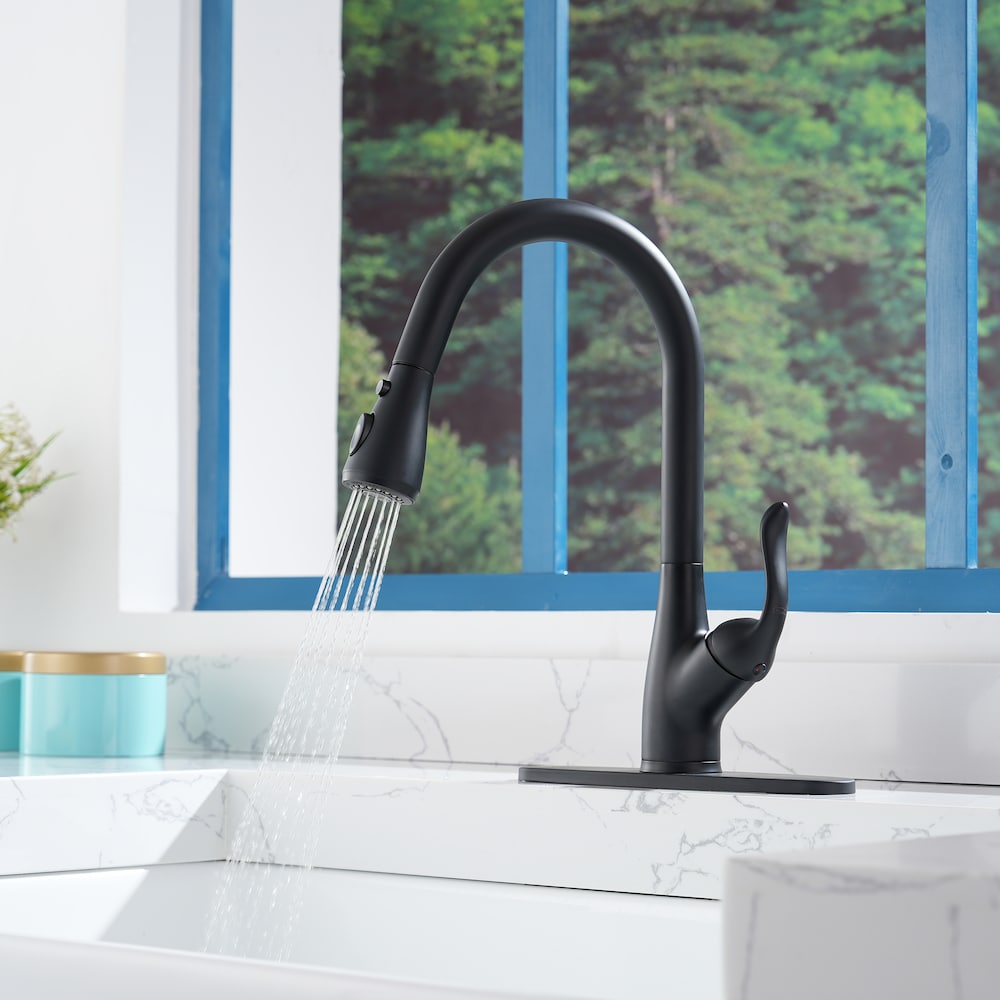 Robinet de cuisine à poignée unique avec 2 modes de sortie d'eau et plaque de pont inclus en noir mat