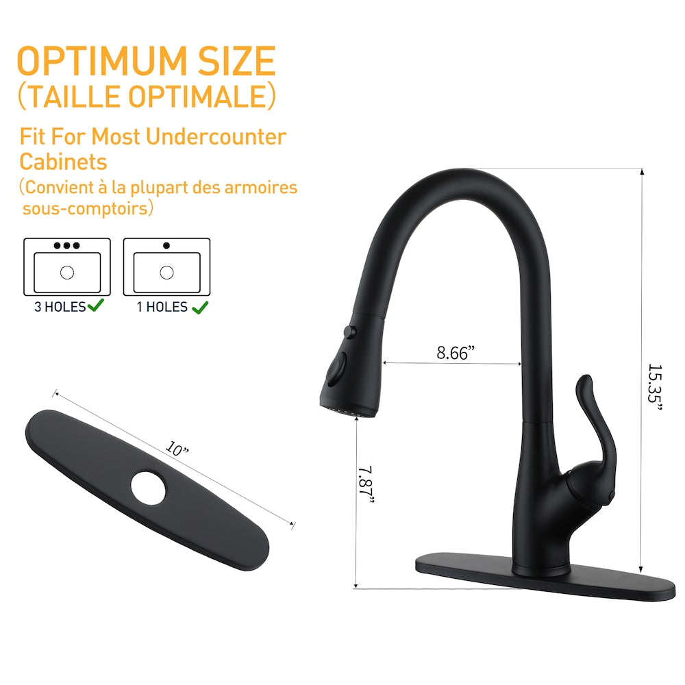 Robinet de cuisine à poignée unique avec 2 modes de sortie d'eau et plaque de pont inclus en noir mat