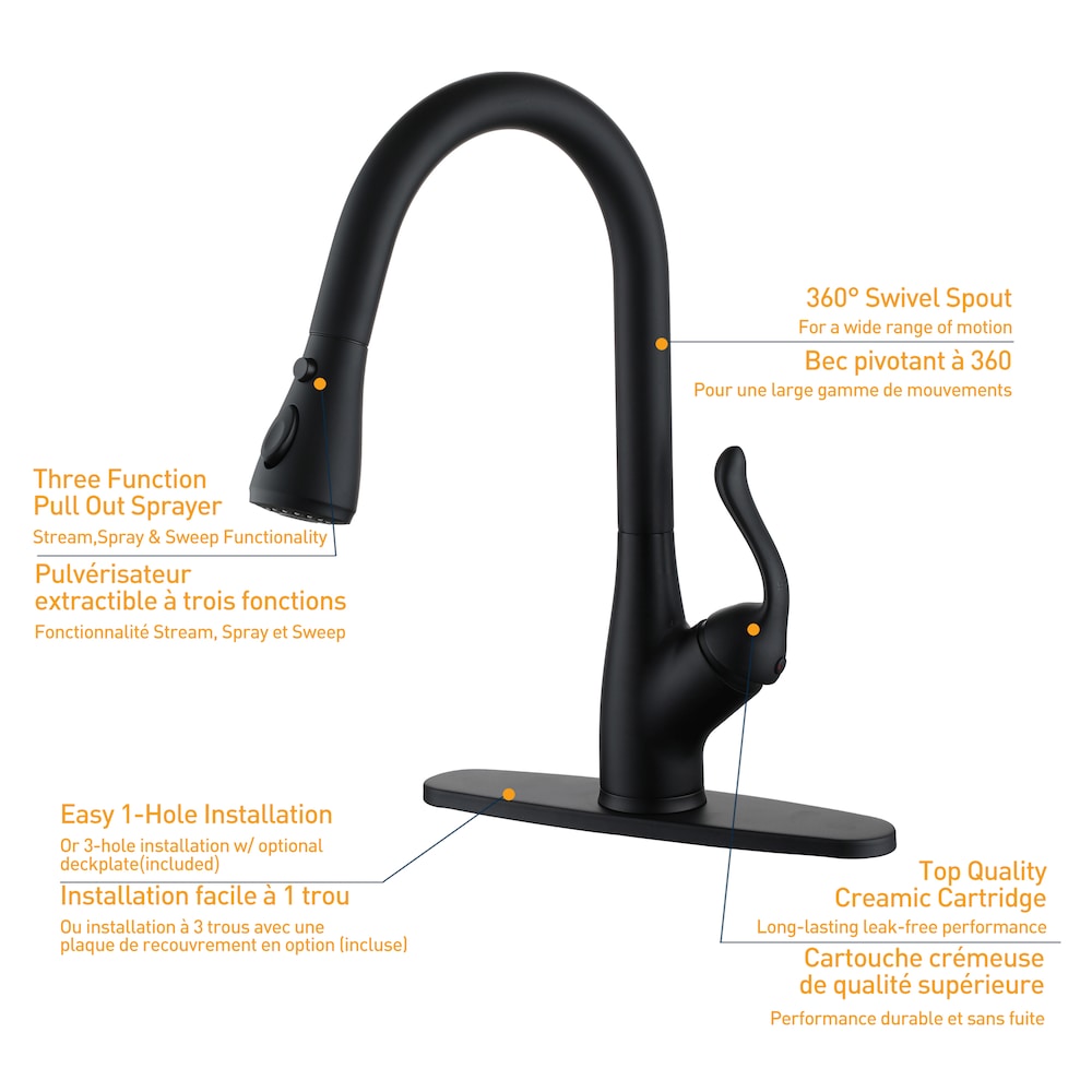 Robinet de cuisine à poignée unique avec 2 modes de sortie d'eau et plaque de pont inclus en noir mat