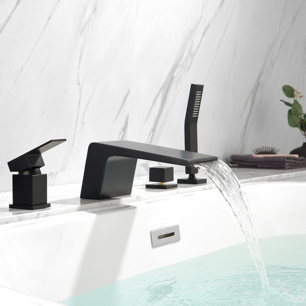 Robinet de baignoire romaine à poignée unique avec douchette à main et tuyau d'alimentation en eau en noir mat
