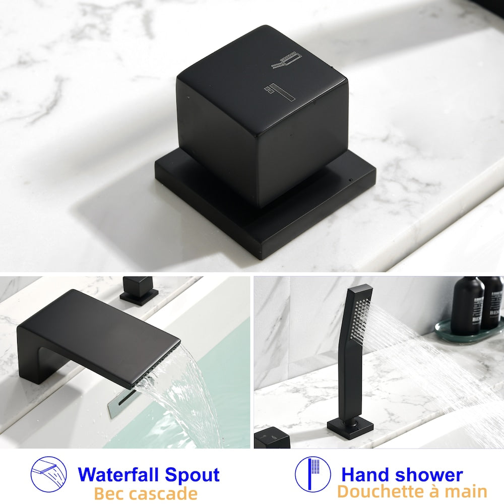 Robinet de baignoire romaine à poignée unique avec douchette à main et tuyau d'alimentation en eau en noir mat