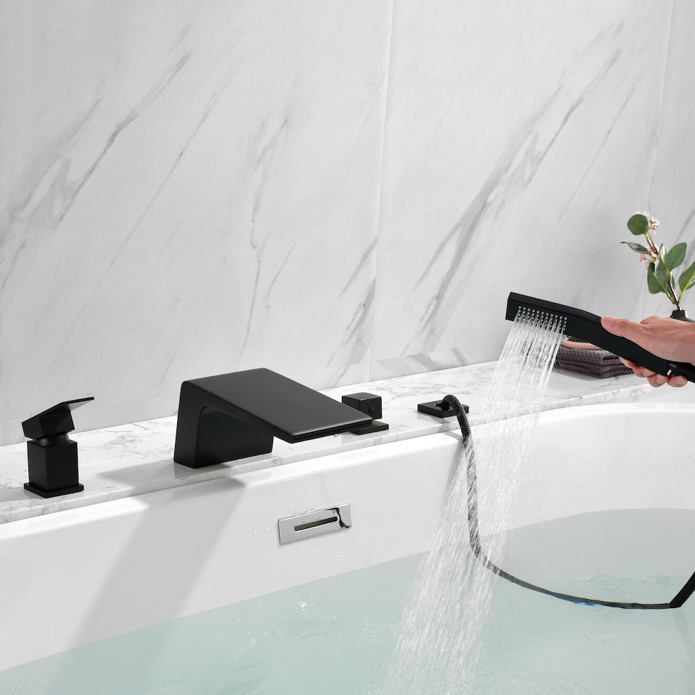 Robinet de baignoire romaine à poignée unique avec douchette à main et tuyau d'alimentation en eau en noir mat