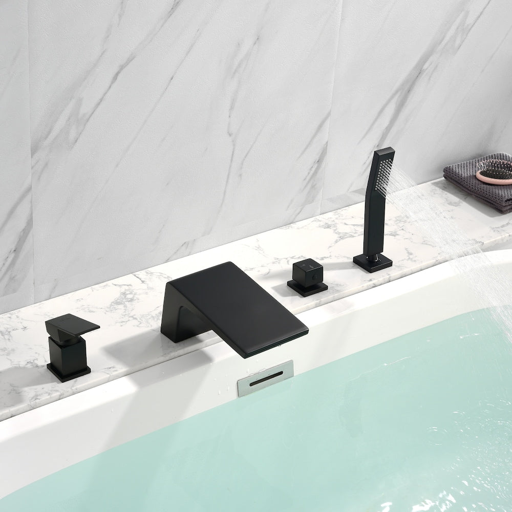 Robinet de baignoire romaine à poignée unique avec douchette à main et tuyau d'alimentation en eau en noir mat