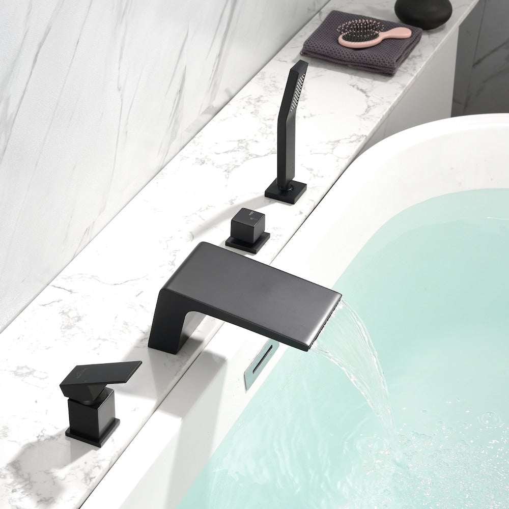 Robinet de baignoire romaine à poignée unique avec douchette à main et tuyau d'alimentation en eau en noir mat