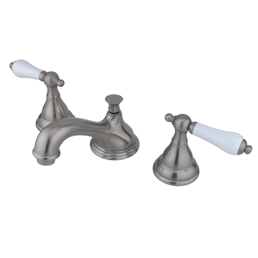 Robinet de salle de bain Royale-Porcelain à 2 poignées et à large bec de 8 pouces en nickel brossé