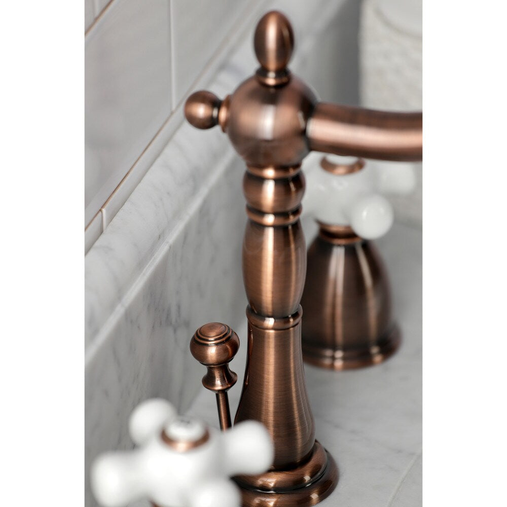 Heritage Porcelain Cross 8 inch Widespread 2-Handle Bathroom Faucet in Antique Copper