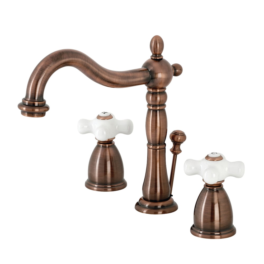 Heritage Porcelain Cross 8 inch Widespread 2-Handle Bathroom Faucet in Antique Copper