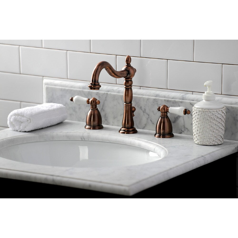Robinet de salle de bain à 2 poignées de 8 pouces en porcelaine Heritage en cuivre antique