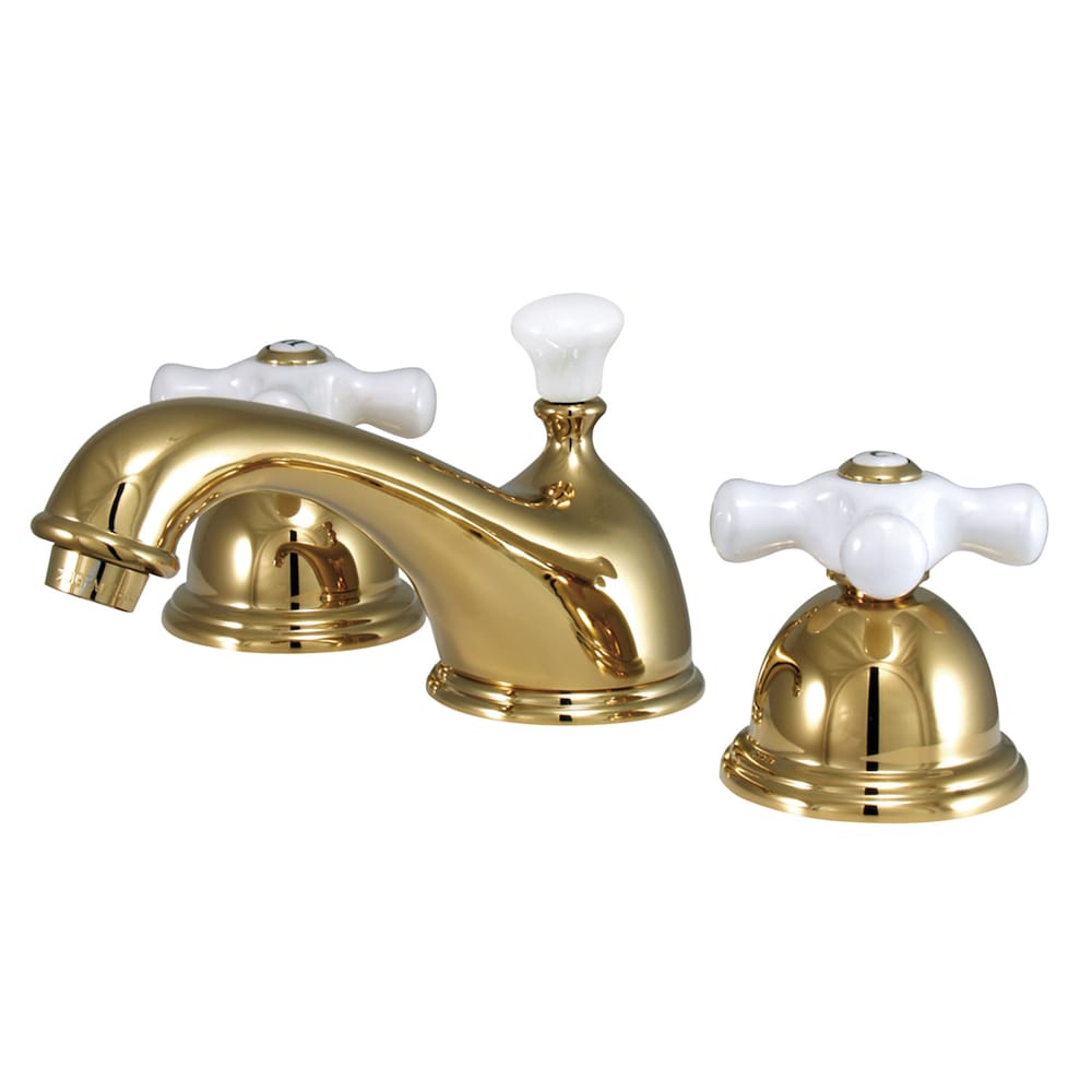 Restoration Porcelain 8 inch Widespread 2-Handle Bathroom Faucet in Polished Brass