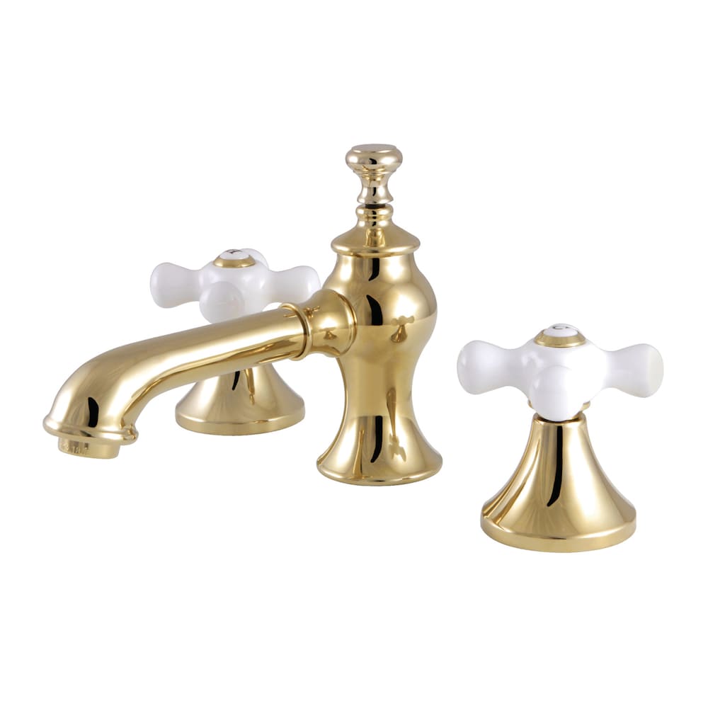 Vintage Porcelain 8 inch Widespread 2-Handle Bathroom Faucet in Polished Brass