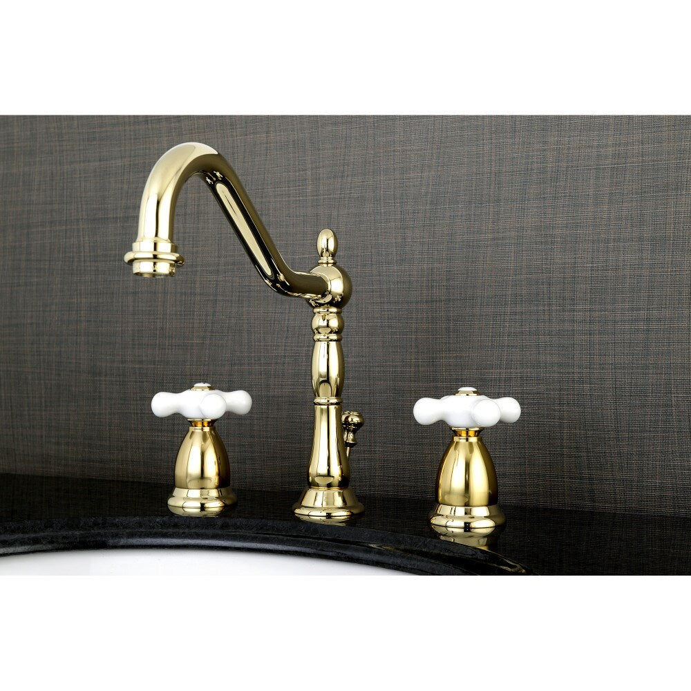 Heritage Porcelain 8 inch Widespread 2-Handle Bathroom Faucet in Polished- Brass