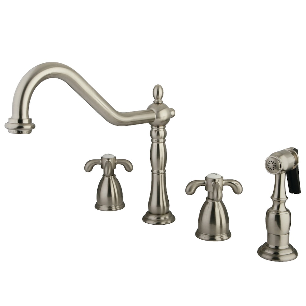 Robinet de cuisine standard à 2 poignées avec pulvérisateur latéral en nickel brossé de style campagnard français