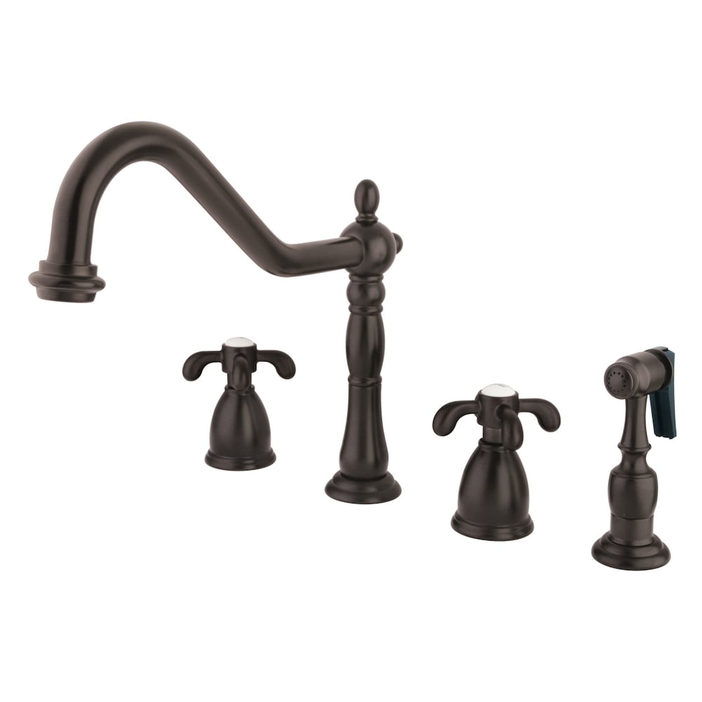 Robinet de cuisine standard à 2 poignées avec pulvérisateur latéral en bronze huilé de style campagnard français