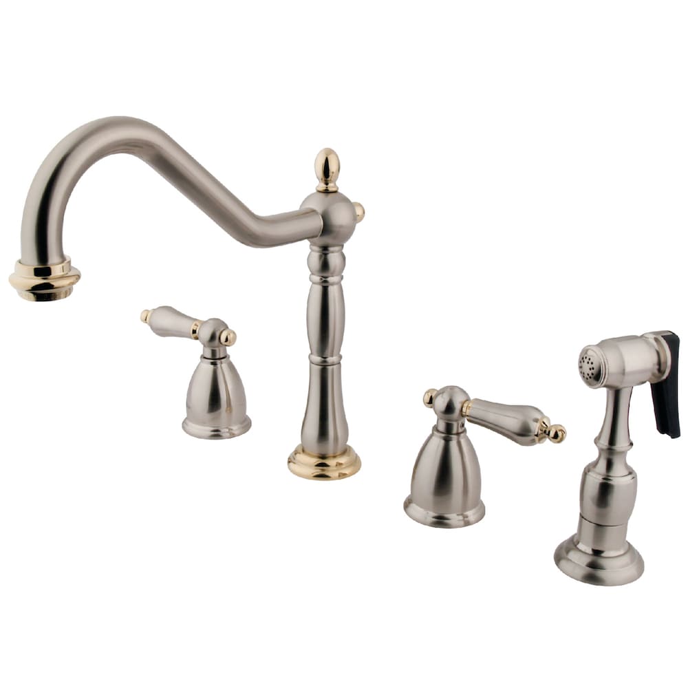 Robinet de cuisine standard à 2 poignées Heritage avec pulvérisateur latéral en nickel brossé/laiton poli