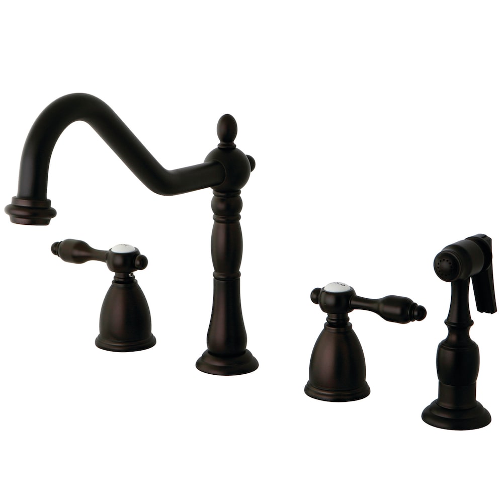 Robinet de cuisine standard à 2 poignées Tudor avec pulvérisateur latéral en bronze huilé